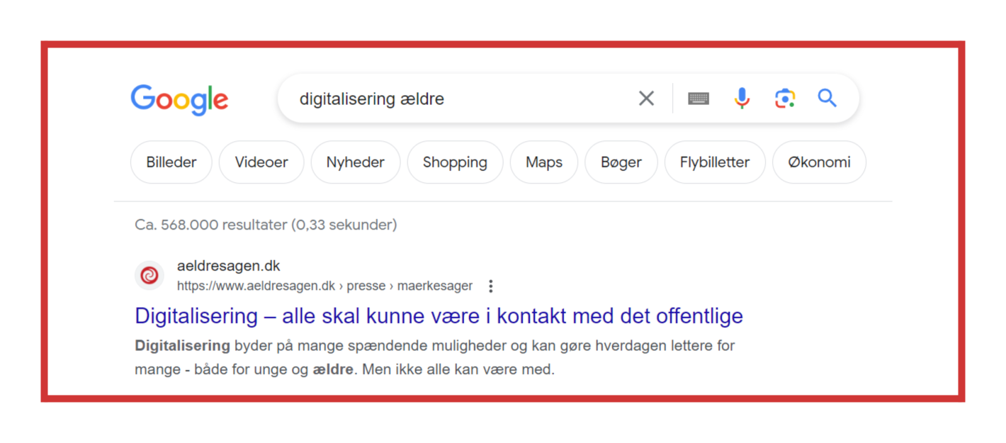 Billedet viser en Google søgning på emneordet "digitalisering ældre". Søgningen har hentet ca. 302.000 resultater, hvor det første er fra ældresagen