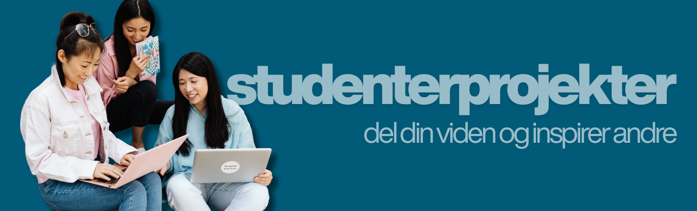 Tre unge kvinder der arbejder sammen på to bærbare computere på en mørkeblå baggrund med en lyseblå tekst der lyder "Studenterprojekter - del din viden og inspirer andre"